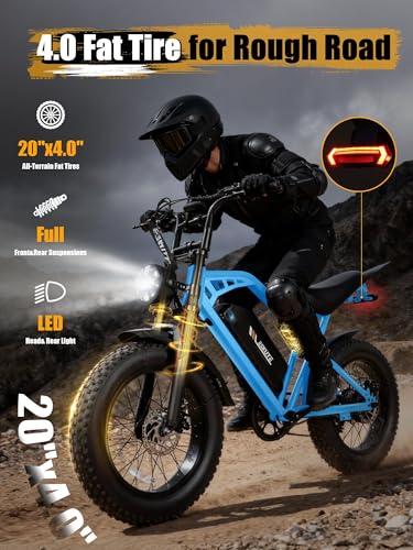 Image of Electric Dirt Bike Adults, 1300W Peak 52V20.8Ah ebike, 20+MPH 20 inch x4.0 Fat Tire, Streamlined E-Motorcycle with 7 Speeds for Youths, V200，Blue with Rear Rack + Footrests