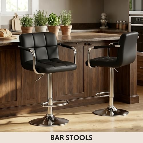 Image of HealSmart Bar Stools Set of 2, Adjustable Swivel Bar Chairs with Cushioned Armrests & Ergonomic Backrest, Water-Resistant PU Leather for Kitchen Island Counter Pub Dining Room, Black