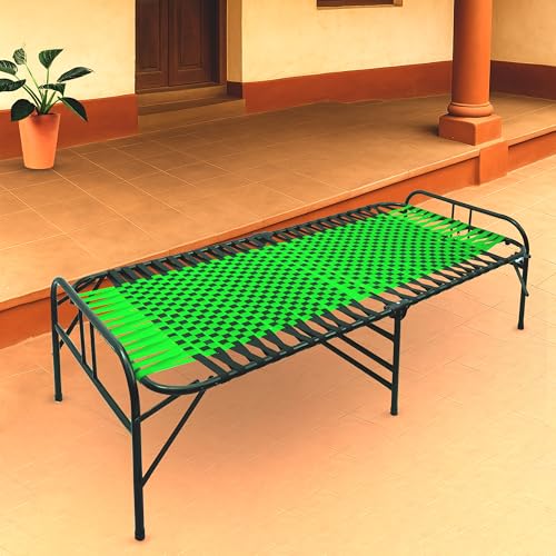 Image of Casa Copenhagen, Portable Single Folding Bed Heavy Duty Metal Cot Khat for Sleeping Bed Space Saving Design Sturdy Synthetic Niwar feet - Green & Charcoal Black