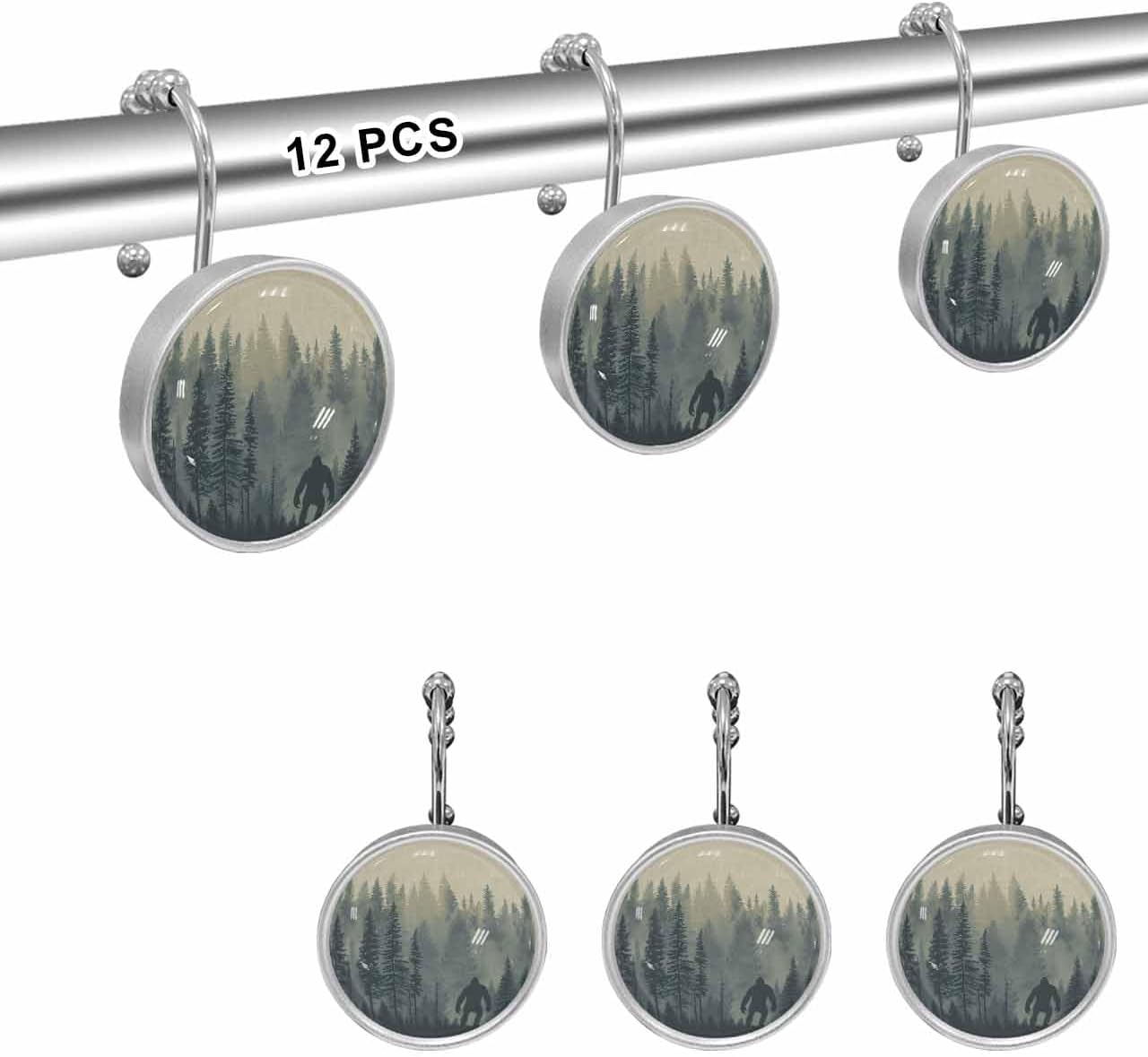 Shower Curtain Hooks 12 Pcs Mysterious Misty Forest Bigfoot Monster Stainless Steel Rust Proof Rolling Shower Curtain Rings, Decorative Shower Curtain Hooks Hangers for Bathroom