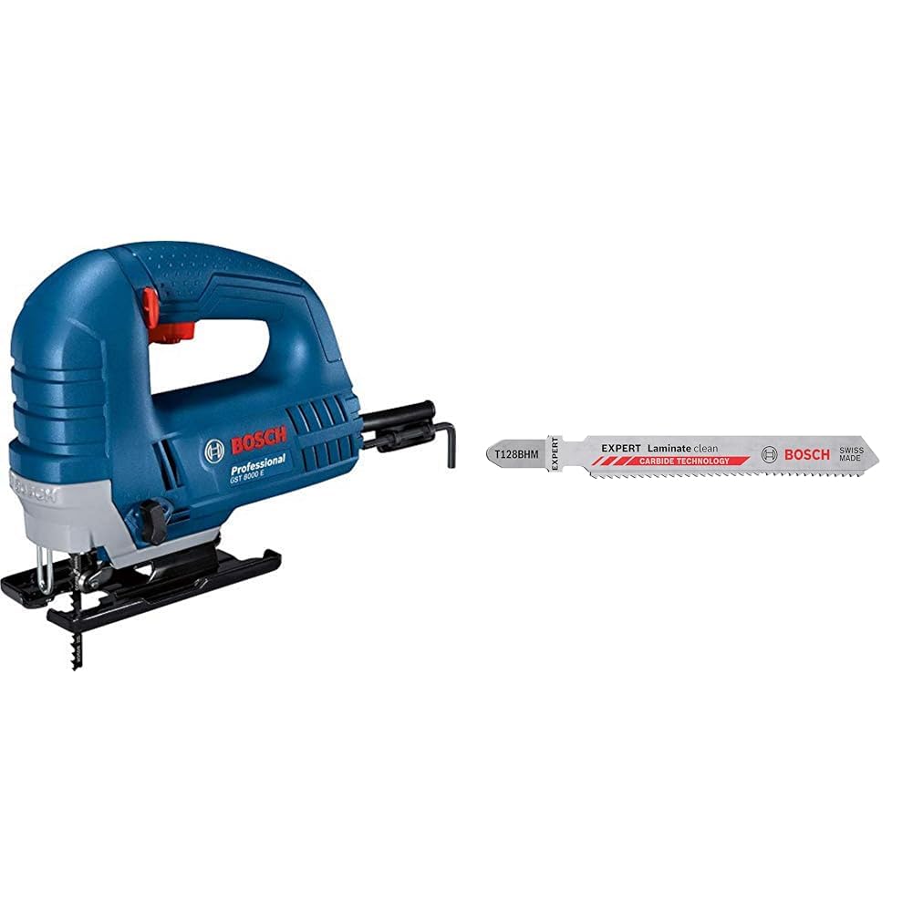 Bosch Professional GST 8000 E - Sierra de calar (710 W, máx. 3100 cpm, corte 80 mm, en caja) + 3x Hojas de sierra de calar Expert `Laminate Clean` T 128 BHM (Vinilo laminado sólido, PVC, HPL, 92 mm)