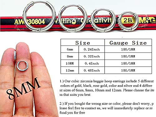 Image of Hypoallergenic Unisex Surgical Steel Small Cubic Zirconia Huggie Hoop Earring, Color Gold - Silver - Rose Gold - Black - Rainbow, Size 6mm- 12mm Safe for Sensitive Ear