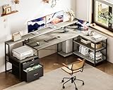 ODK L Shaped Desk with File Drawer, 75" Reversible L Shaped Computer Desk with Power Outlet & LED Strip, Office Desk with Storage Shelves & Monitor Shelf, Corner Desk, Grey Oak