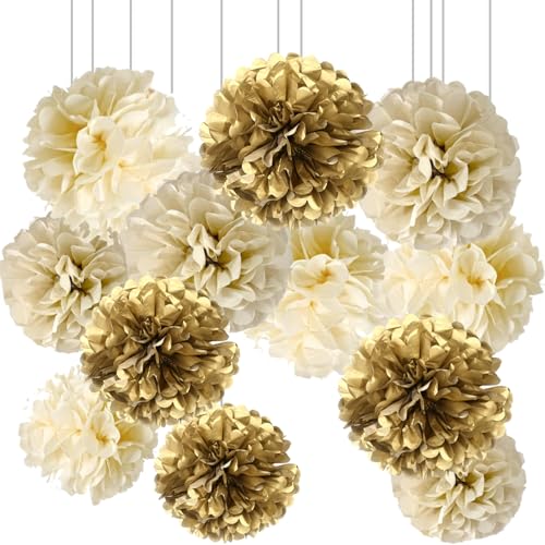 Image of Gold Champagne Gold and Ivory Paper Pom Poms for Wedding Birthday Gold Party Decoration - Ceiling Wall Hanging Tissue Flowers - 12pcs 3 Colors of 12 Inch 10 Inch 8 Inch