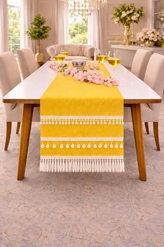 WWW.THROWPILLOW.IN Yellow Centre Table Table Runner with Tassels & Kowri -13x54 Inches |Fits 3.5 Feet Coffee Table, Living Room Table, Sofa Table, Entry Console, Console Table, Entrance Cabinet