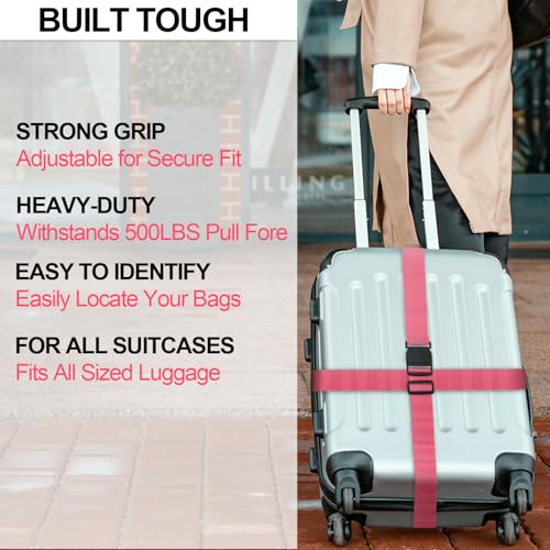 Image of Luggage Strap and Tag Set (4 Pack 2 Tags 2 Climbing Buckles) Keeps Cargo Safe with Adjustable Travel Packing Strap with A Packing Width of 2 Inches and A Length of 86.6 Inches (Pink)