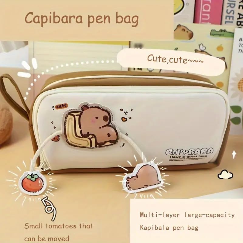 Image of Invite Capybara White Pouch Large Capacity Cartoon Pencil Case Double Layer Cute Aesthetic Pencil Case for Girls Multifunctional Stationery Organizer for School Office (Capybara Brown Pouch)