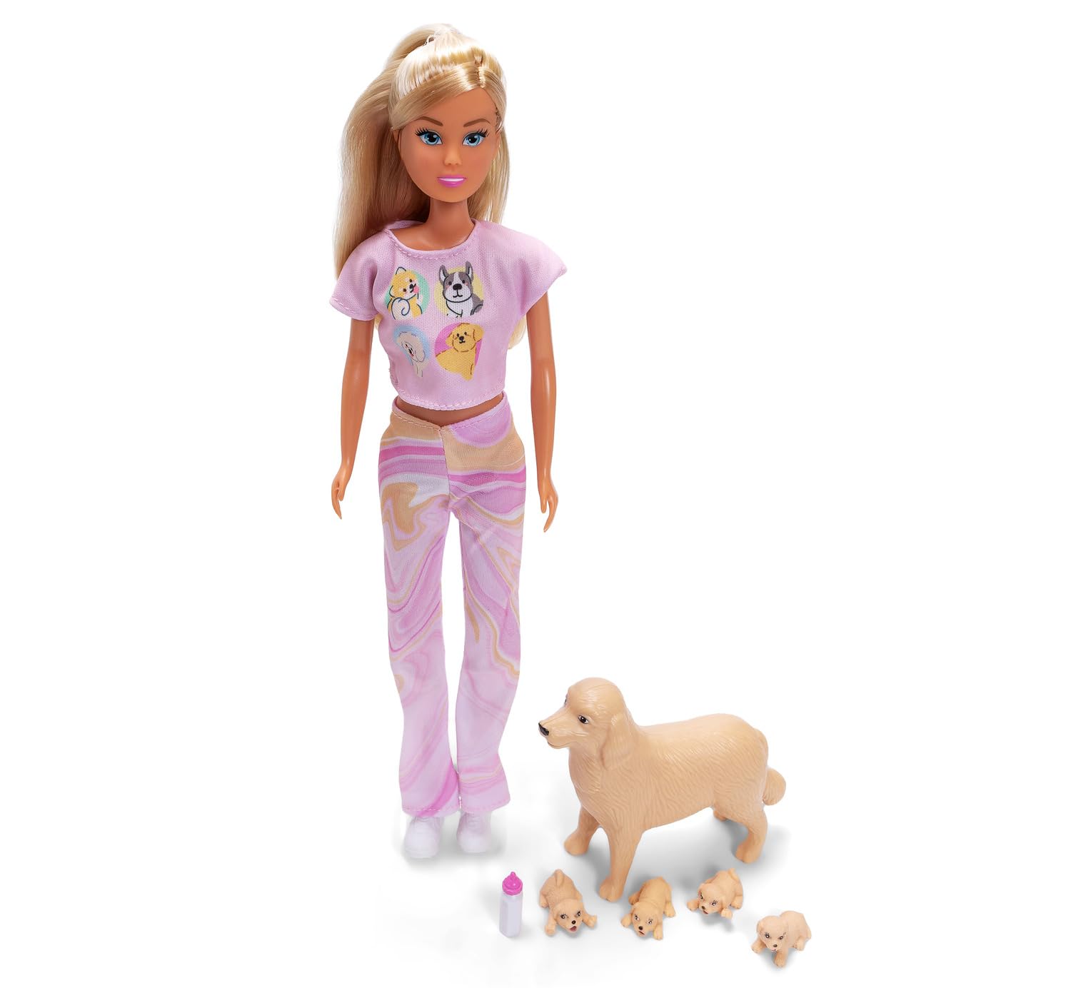 Simba Steffi Love Welcome Puppies – Modepuppe mit trächtiger Hundemama und 2-4 Welpen, inkl. Hundekorb und Zubehör