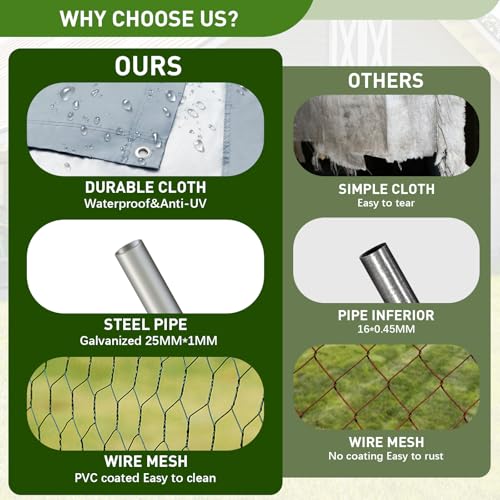 Large Metal Chicken Coop with Run, Metal Chicken House Pen Walk in Poultry Cage Chicken Run Pen, Outdoor Chicken Runs for Yard with Waterproof & Anti-UV Cover