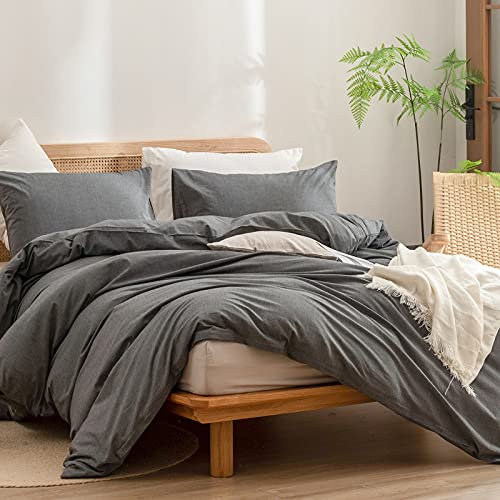 Image of BESTOUCH Cotton Solid Duvet Cover Set Linen Feel Dark Grey Twin | Washed Cotton, Linen Feel, Soft Wrinkle Texture, Hidden Zipper, 8 Ties, Breathable Lightweight Durable Comfy, 2Pcs No Insert