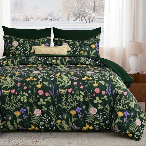 Yiran King Size Comforter Set 7 Piece, Dark Green Floral Bedding Set, Bed in a Bag King with Botanical Flowers Pattern, Soft Microfiber Complete Bedding Set with Sheets for All Season
