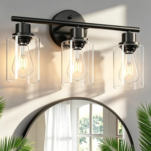 Image of 3-Light Black Vanity Lights, E26 Modern Bathroom Light Fixtures with Clear Glass Shade, Wall Lamps for Mirror Kitchen Hallway Cabinet Living Room Sconces Lights