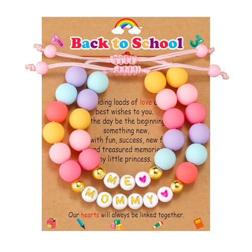 Back to School Bracelets Mommy and Me Matching Set for 2 Girls Kindergarten Preschool Pre k Prek 1st 2nd Second Grade Bracelet Mama Mini Mother Mom Daughter Jewelry Gifts