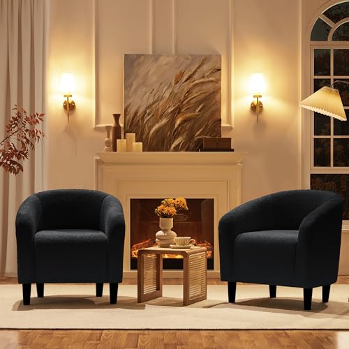 Yaheetech Black Boucle Accent Barrel Chair - Cozy Sherpa Armchair for Living Room, Bedroom, Office, and Reception Room