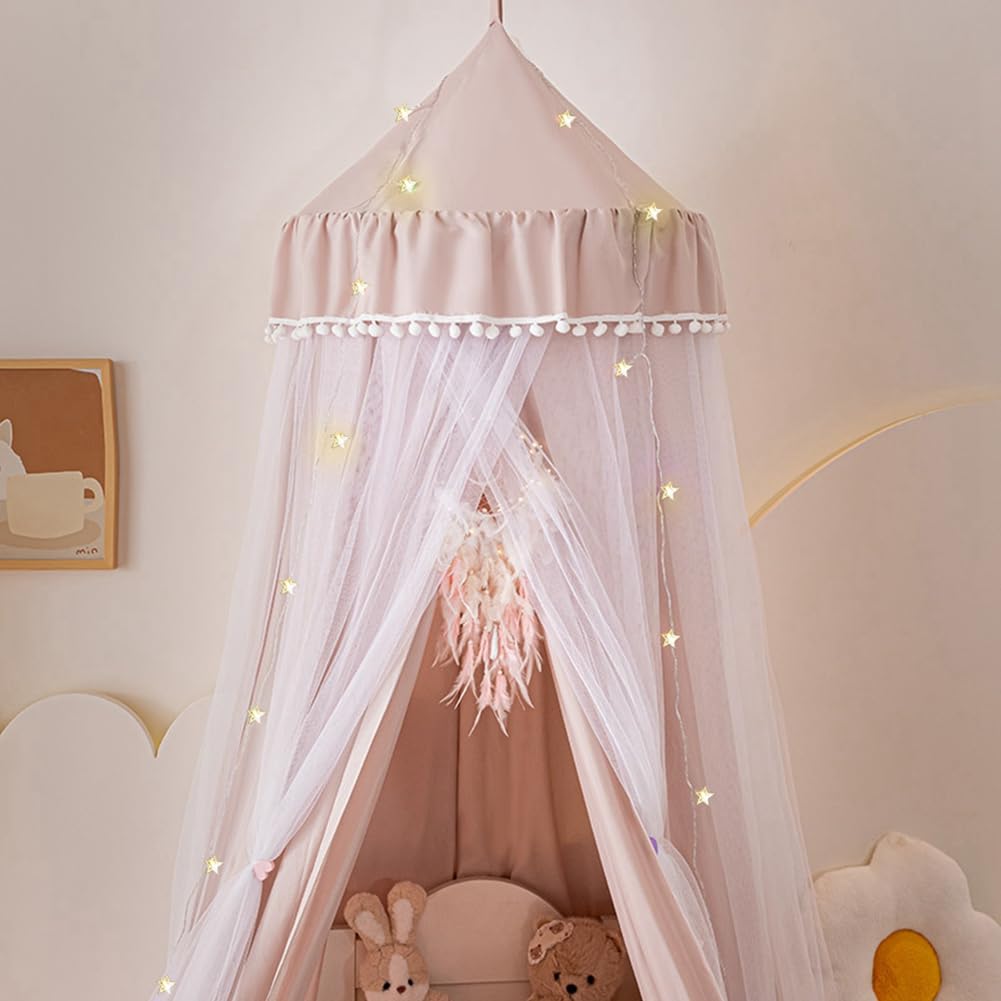 Bed Canopy for Girls with Star Lights, Double Layers Canopy for Bed, Princess Bed Canopy for Girls Bed Room Decor, Breathable Canopy Bed Curtain for Kids Reading Nook, Round Dome Play Tent, 25.6
