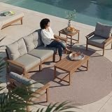 Patio Kingdom Teak HDPE Outdoor Patio Furniture Set, 7-Piece Patio Conversation Sets with Coffee Table & Side Table & Washable Thick Cushions, Outdoor Sofa for Balcony, Porch, Poolside