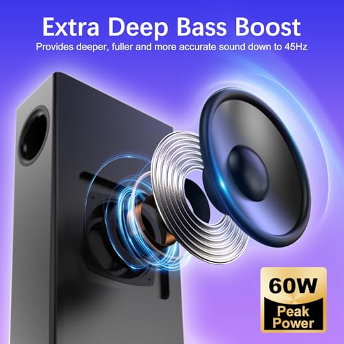 Image of Nylavee Computer Speakers with Subwoofer, 2.1 PC Speakers System with Bluetooth 5.4 & 3.5mm Aux-in, 60W Peak Power, AC Adapter Powered Computer Sound Bar for Desktop PC, Laptop, Monitor, Gaming