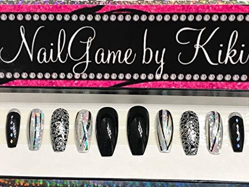 Black and Silver Hand Designed Custom Press on Nails Custom Nails