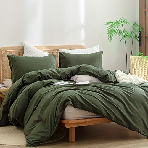 Image of BESTOUCH Cotton Solid Duvet Cover Set Olive Green Oversized Queen | 100% Washed Cotton, Soft Wrinkle Texture, Hidden Zipper, 8 Ties, Breathable Lightweight Durable Comfy, 3 Pcs No Insert