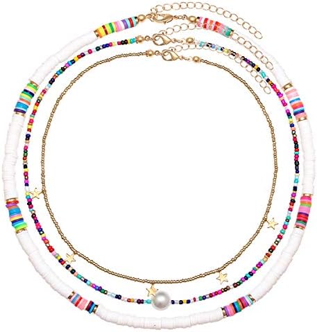 Surfer Heishi Bead Choker Necklace For Woman Star Pearl Polymer Clay Record Disc Beads Layered Necklace Boho Beach Necklace jewelry (white)