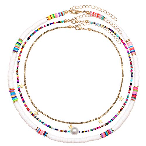 Surfer Heishi Bead Choker Necklace For Woman Star Pearl Polymer Clay Record Disc Beads Layered Necklace Boho Beach Necklace Jewelry (White) #TOP3