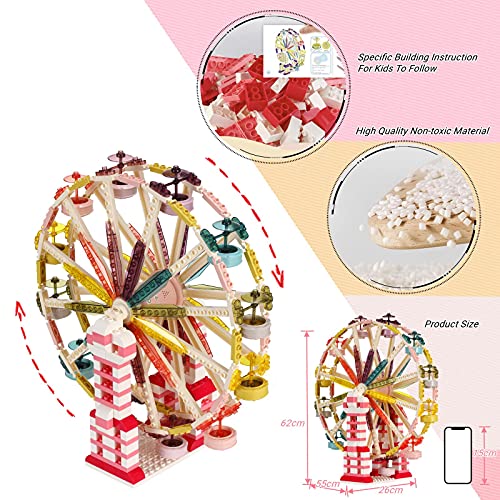 FUNPOLA 3D Musical Rotating Ferris Wheel Building Blocks, Huge LED Ferris Wheel Building Model Architecture Building Toy Gift for Adult and Teens (Pink) - Thumbnail 4