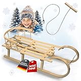 Hörnerrodel 120 cm für 2 Personen mit Rückenlehne - Holzschlitten - massivem Buchenholz - Hörnerschlitten Rodelschlitten mit Lehne Zugseil & Holzgriff - Schneeschlitten robust Leichtlauf-Stahlkufen