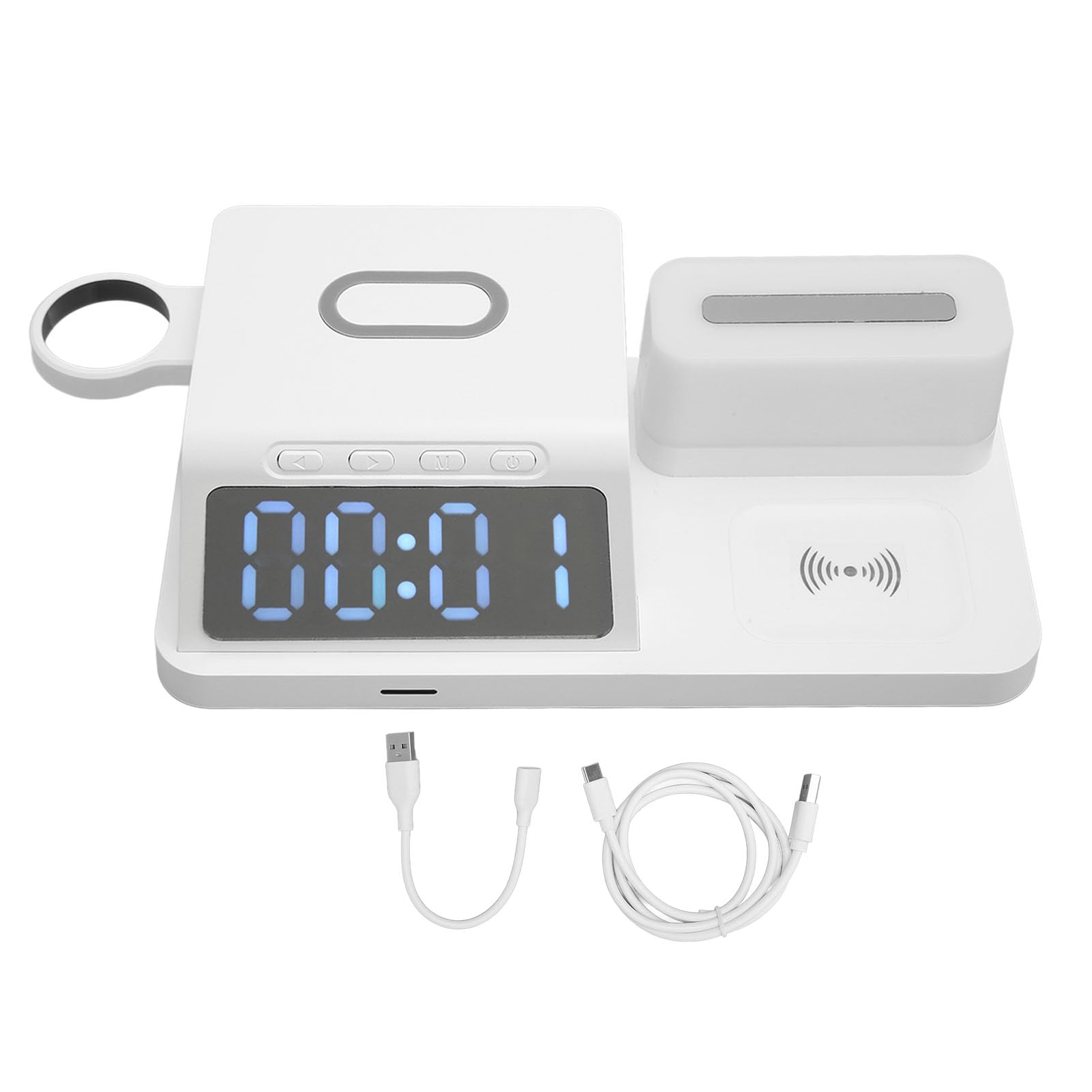 Cargador Inalámbrico con Pantalla de Reloj LED, Brillo Ajustable, Luz Nocturna para Auriculares, Reloj de Teléfono, Estación de Carga Rápida USB C de 15W (White)