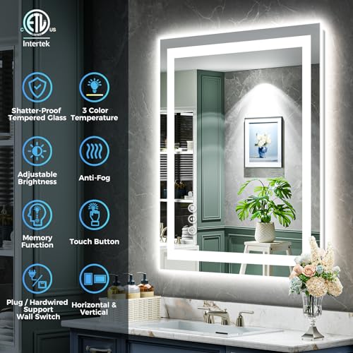 Image of 20x30 Inch LED Bathroom Mirror with Lights Front and Backlit Lighted Vanity Mirror for Bathroom Wall with 3 Colors Dimmable Anti-Fog Memory Shatter-Proof IP54 Waterproof Horizontal /Vertical