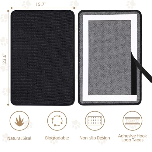 Image of Graciadeco Black Cat Scratching Mat Sisal, 2 Packs Sisal Fabric Large Cat Scratching Pad for Indoor Cats with Adhesive Hook Loop Tape, Wall Scratchers for Indoor Cats 23.6 inch x 15.7 inch