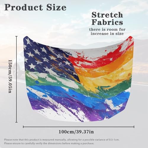Image of Rainbow American Flag Car Hood Cover, Washable Elastic Watercolor Wave American US Flag Auto Hood Protector Stretchable Polyester Fabric, Car Bonnet All-Season Protection