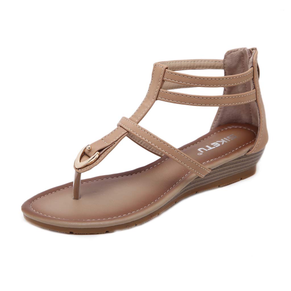 MIOKE Women's Roman T-strap Low Wedge Sandals Gladiator Strappy Summer Beach Back Zipper Flip Flops Shoes