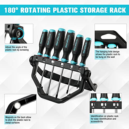 Duratech 6-Piece Magnetic Screwdrivers Set, 3 Phillips And 3 Flat Head S2 Steel Screwdriver Set With 180° Rotating Storage Rack, Professional Cushion Grip Screw Drivers Tool Set #TOP3