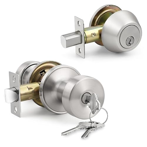 Probrico Brushed Nickel Front Door Knob and Deadbolt Set, Exterior Door Knob and Deadbolt Set, Keyed Alike Door Lock with Deadbolt, 1 Pack
