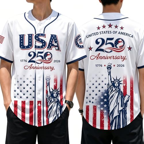 Camiseta de béisbol patriótica de aniversario 250 de USA con estampado Estatua de la Libertad y bandera, botones, talla X-Large miniatura 1