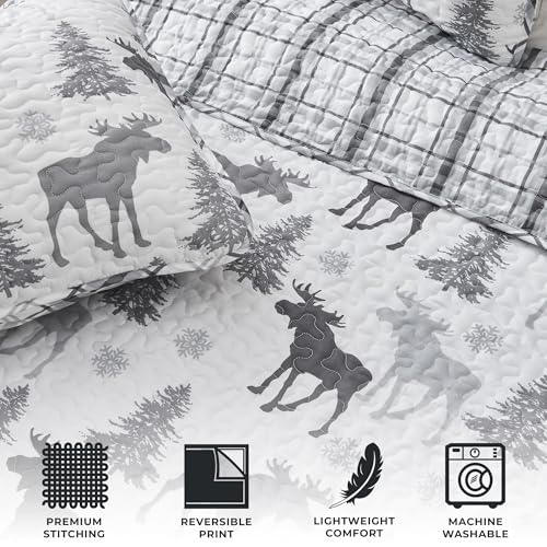 Lodge-Bedspread-FullQueen-Size-Quilt-with-2-Shams-Cabin-3-Piece-Reversible-All-Season-Quilt-Set-Rustic-Quilt-Coverlet-Bed-Set-Wilderness-Collection-Moose-Grey Lodge Bedspread FullQueen Size Quilt with 2 Shams Cabin 3 Piece Reversible All Season Quilt Set Rustic Quilt Coverlet Bed Set Wilderness Collection Moose Grey