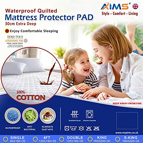 Protector de colchón acolchado impermeable 100% algodón [individual] Funda bajera ajustable TC200 acolchada sábana bajera, antialérgico, transpirable, lavable a máquina, faldas elásticas