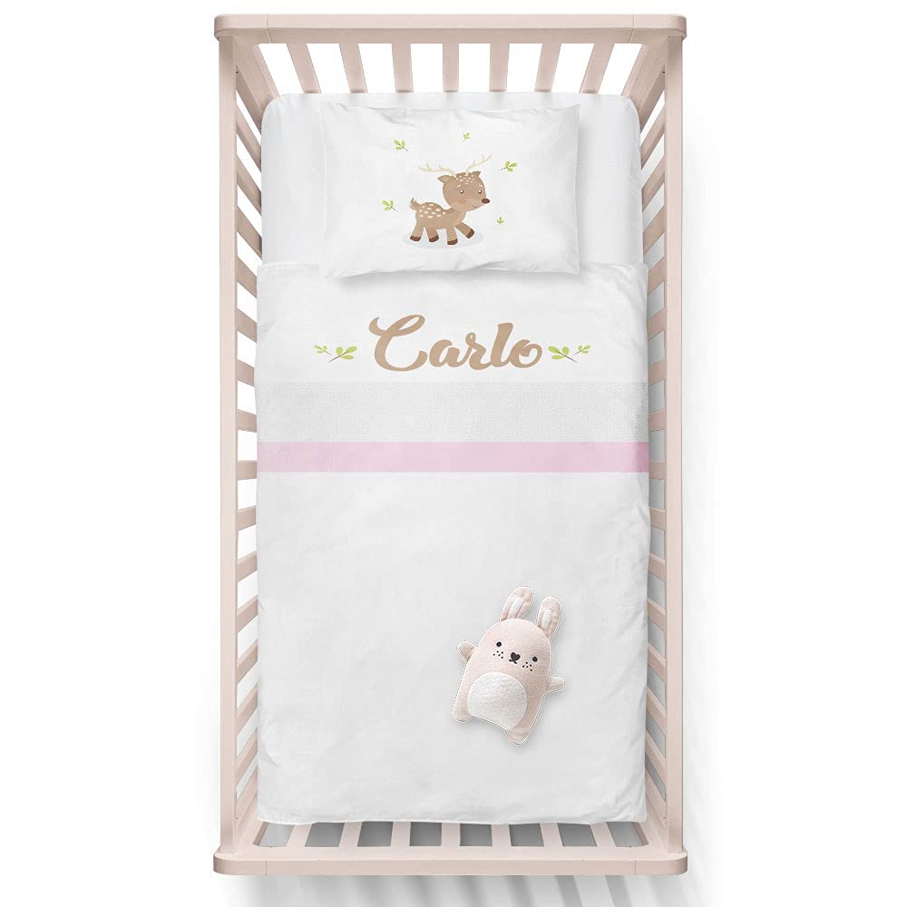 Fupies Set lenzuola culla o carrozzina per maschietto personalizzato con nome baby cerbiatto, Azzurro, Carrozzina – next to me 85x120 cm
