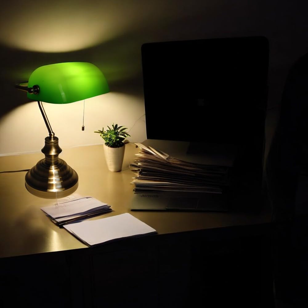 Dapo Bankerslampe Schreibtischleuchte mit Zugschalter Fassung E27 Bürolampe altmessing Schirm grün Arbeits-Nachttisch-Tisch-Lampe-Leuchte Nostalgielampe