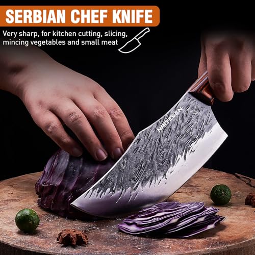 4PCS Hand Forged Butcher Knife and Kitchen Knife 2 in 1 Set, Heavy Duty Meat Cleaver Serbian Chef Knife Breaking Knife Boning Knife for Meat Cutting BBQ Gifts for Men Women - Image 5