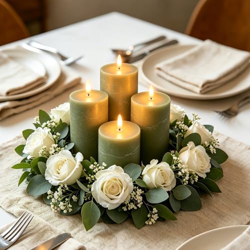 Image of Olive Green Flameless Pillar Candles, Real Wax LED Candles with Remote & Timer, Battery Operated Decorative Candles for Aesthetic Home Decor, Set of 4