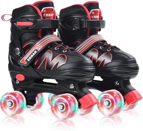 ERNAN Roller Skates,Kids Roller Skates,Girls Roller Skates,4 Size Adjustable Toddler Roller Skates with Light up Wheels for for Beginner Kids Girls & Boys (RED, L), Large