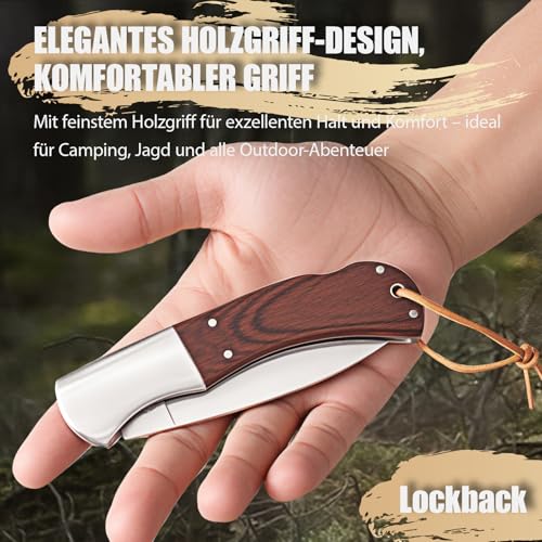 DRACHENADER Couteau de Poche, Couteau Pliant avec Verrouillage Arrière, Lame en Acier 440C, Manche en Bois – Idéal pour le Camping et la Randonnée, Étui en cuir – vue 5