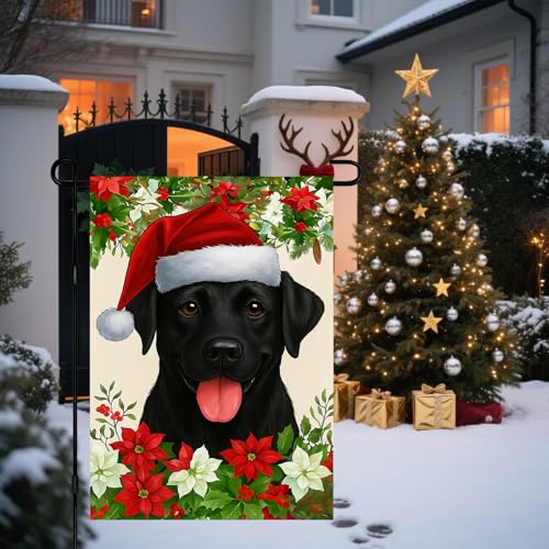 Image of BlissYard Christmas Garden Flag 12x18 Inch Black Labrador Dog Outdoor Flag Double Sided Holiday Yard Banner with Santa Hat Poinsettias and Holly Leaves for Porch Lawn Patio
