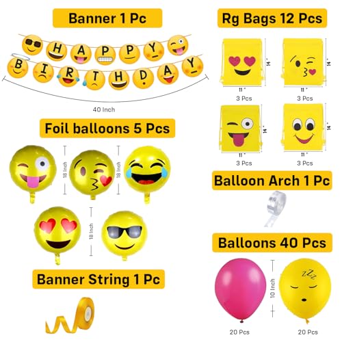 Image of Party Propz Emoji Theme Happy Birthday Decoration Kit -60 Pcs, Birthday Decoration Items with Emoji Return Gift Bags, Emoji Happy Birthday Banner, Birthday Decor for Boys & Girls (Latex)