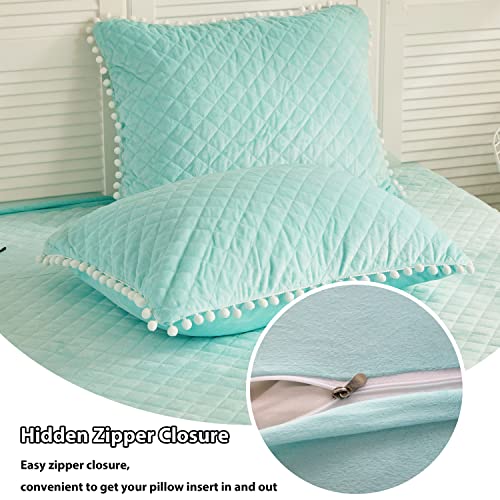 Liferevo 2 Pack Diamond Quilted Velvet Bed Pillowcases, Pom Poms Fringe Decorative Throw Pillow Shams Set Of 2, Soft Bed Pillow Cases Zipper Closure For Teen's Girls Bedroom (Aqua, Standard/Queen) #TOP3