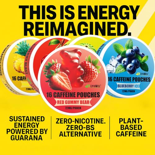 Image of LyvWel 72mg Caffeine Energy Pouches - Cherry Blast - Bold, Tart Energy with Guarana - 5-Pack (80 Total Pouches)