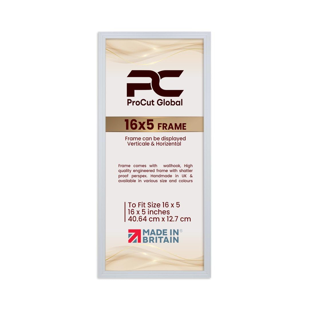 Procut Global 16X5 White Picture Frames - Classic Wooden Photo Frame with Shatterproof Perspex for Wall or Tabletop - Perfect for Posters, Certificates & Prints - Sizes & Colors Available