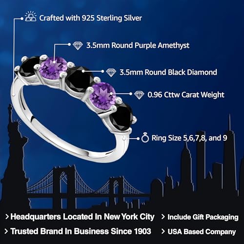Gem Stone King 925 Sterling Silver Black Diamond and Purple Amethyst Wedding Band Ring For Women (0.96 Cttw, Round 3.5MM, Gemstone April Birthstone, Available In Size 5, 6, 7, 8, 9)2
