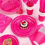 Kochorie 169 Pieces Hot Pink Party Supplies Disposable Dinnerware Set Include Plates and Cups Napkins Plastic Forks Knives Spoons Tablecloth for Wedding Birthday Party Decorations, Serve 24 Guests - Image 5
